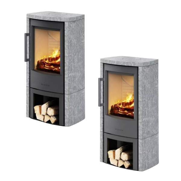 Kaminofen WIKING Miro 4 - mit Natursteinverkleidung grau und offenes Holzfach 4,9 kW