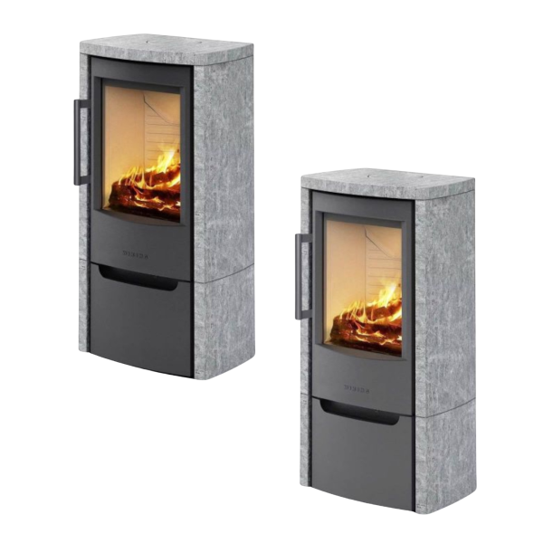 Kaminofen WIKING Miro 4 - mit Natursteinverkleidung grau und Holzfachtür 4,9 kW