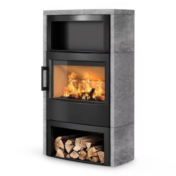 Kaminofen WIKING Maxi 6 - mit Natursteinverkleidung grau und offenes Holzfach
